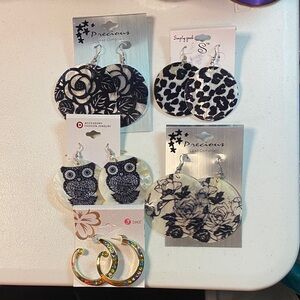Black & White Patterned Dangle Earrings Set - 5 Pairs
